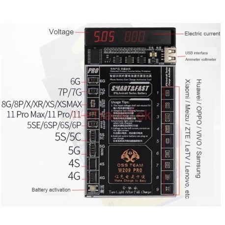 Battery activation card, tester and battery charger Smartphones