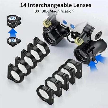 Hands-Free LED Magnifying Glasses — 14 Lenses (3X–15X)